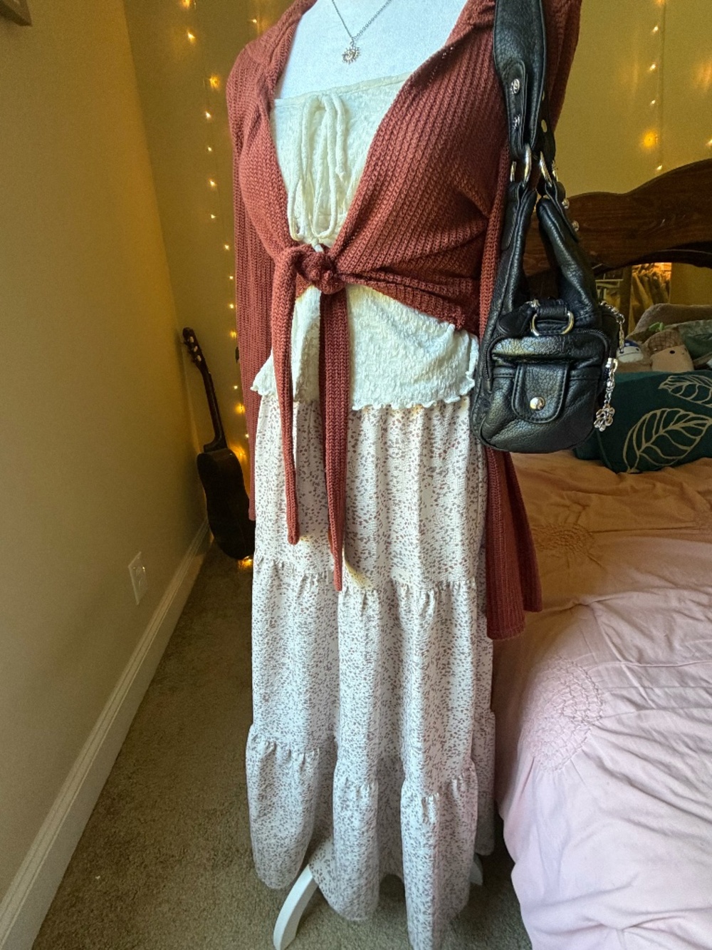 Long maxi skirt with a dusty pink and purple ditsy splash pattern